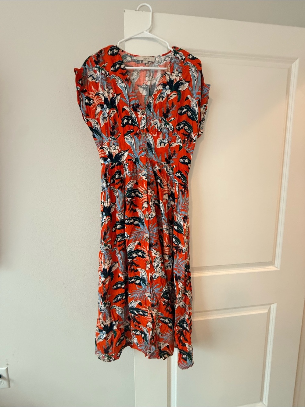 LOFT Orange Tropical-Print Midi Dress